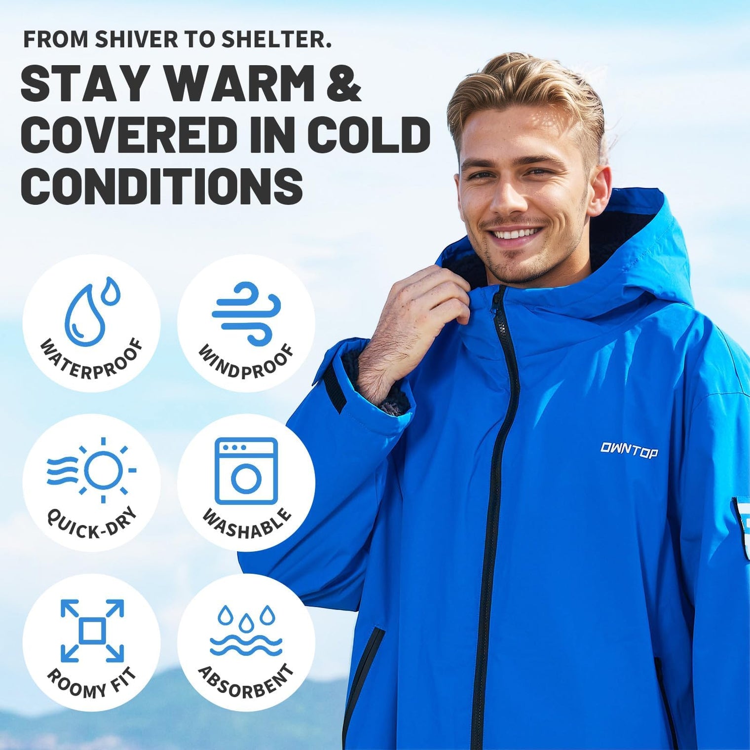 Owntop Waterproof Surf Poncho - Sherpa Lined Changing Robe with Custom Patch