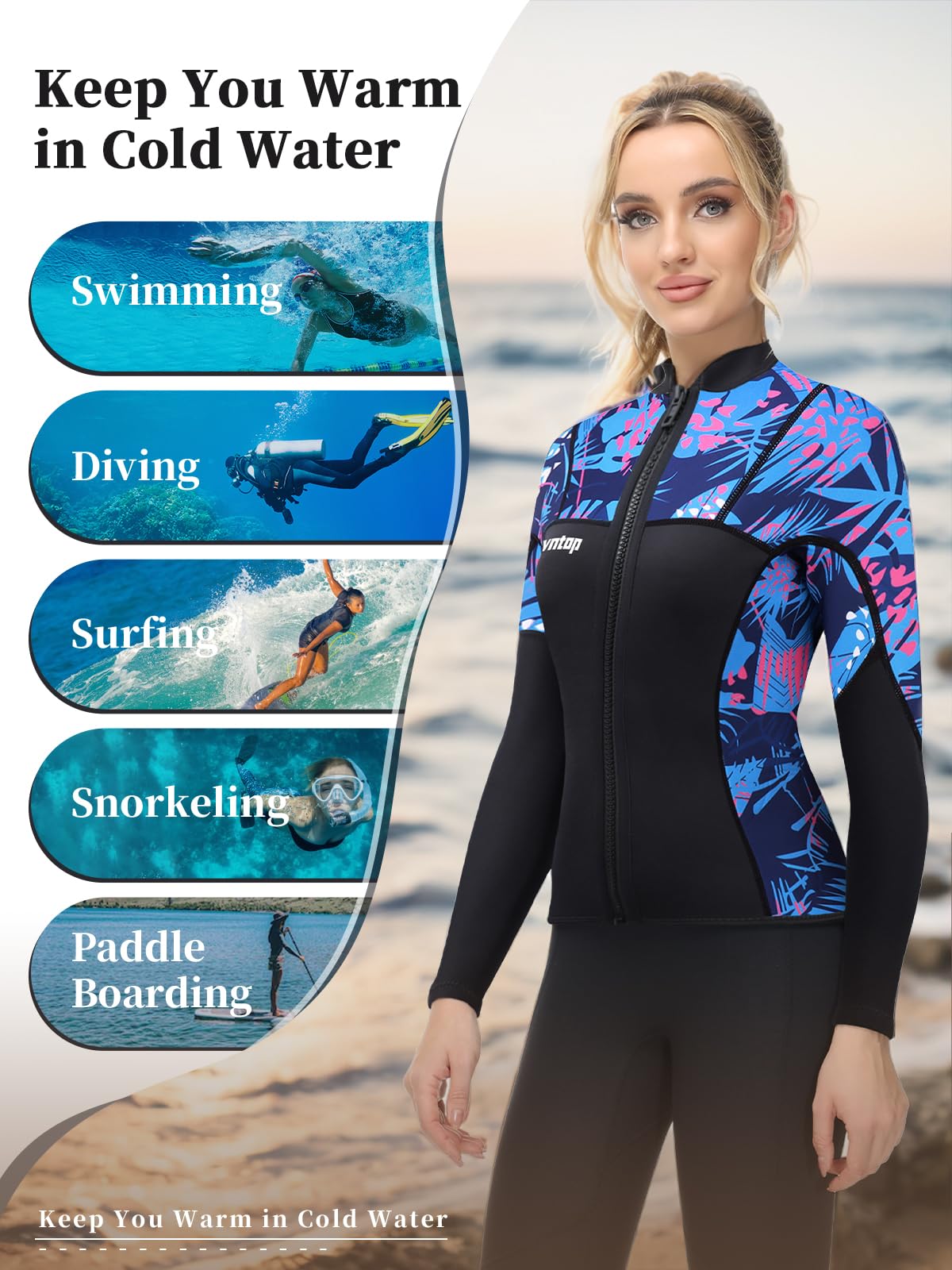 Owntop 2MM Wetsuit Top for Women - Long Sleeve Thermal Swim Jacket
