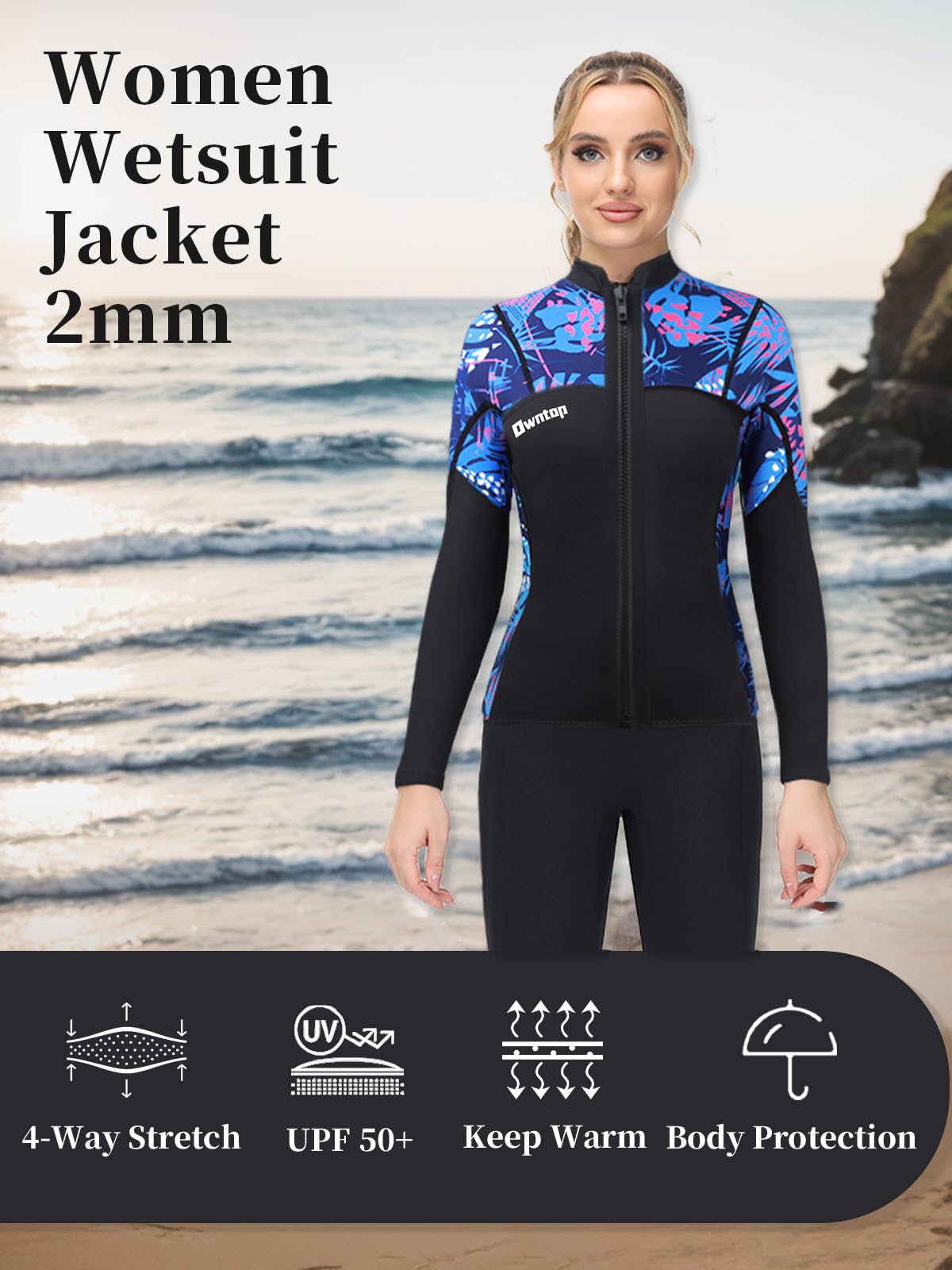 Owntop 2MM Wetsuit Top for Women - Long Sleeve Thermal Swim Jacket