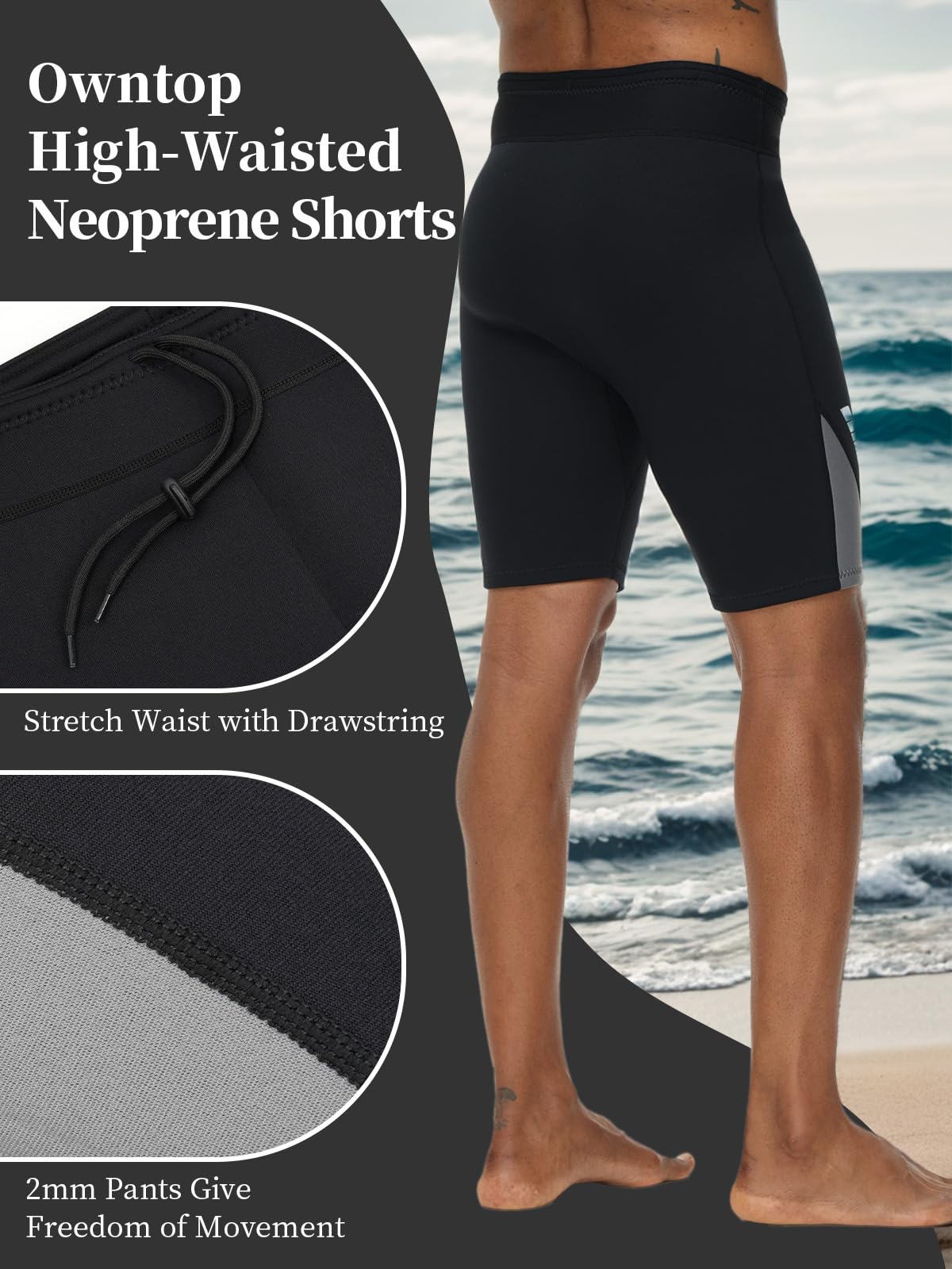 Owntop 2MM Neoprene Shorts for Men - Adjustable Wetsuit Pants