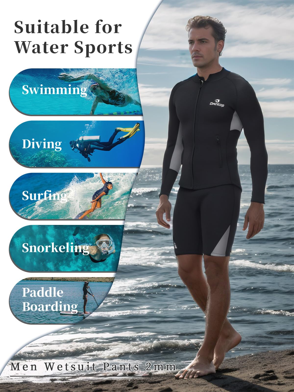 Owntop 2MM Neoprene Shorts for Men - Adjustable Wetsuit Pants
