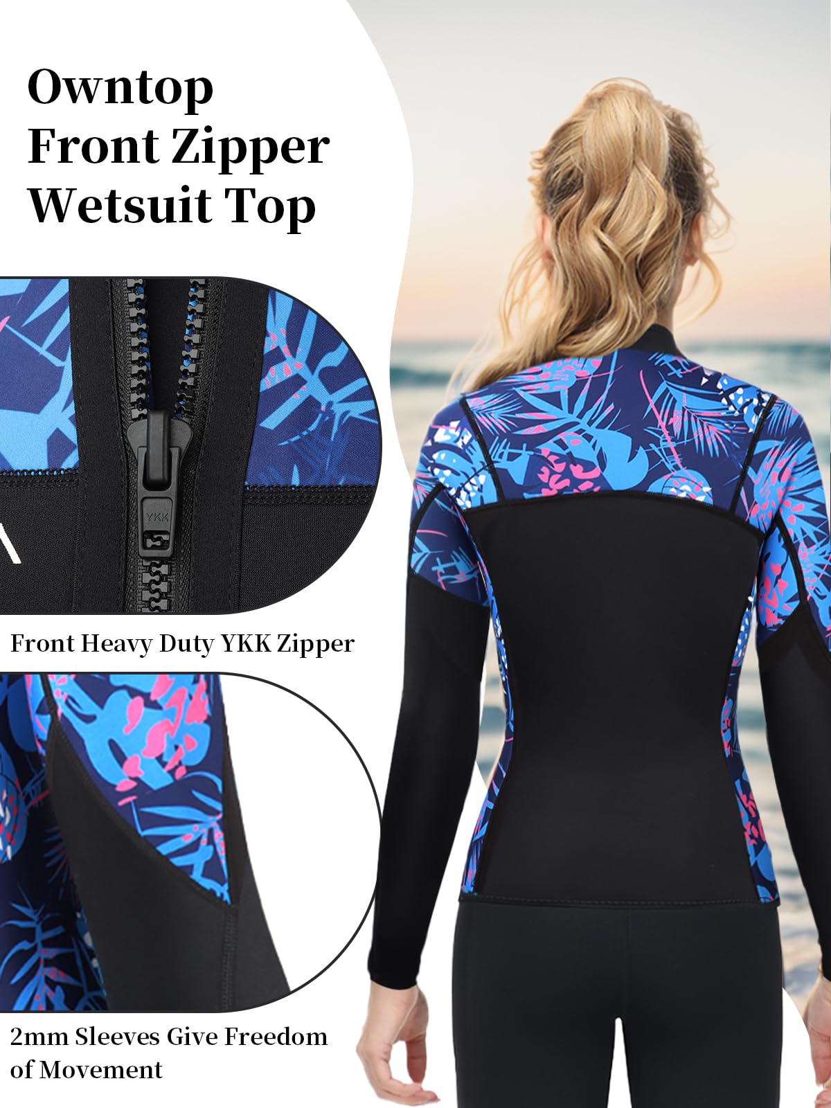 Owntop 2MM Wetsuit Top for Women - Long Sleeve Thermal Swim Jacket
