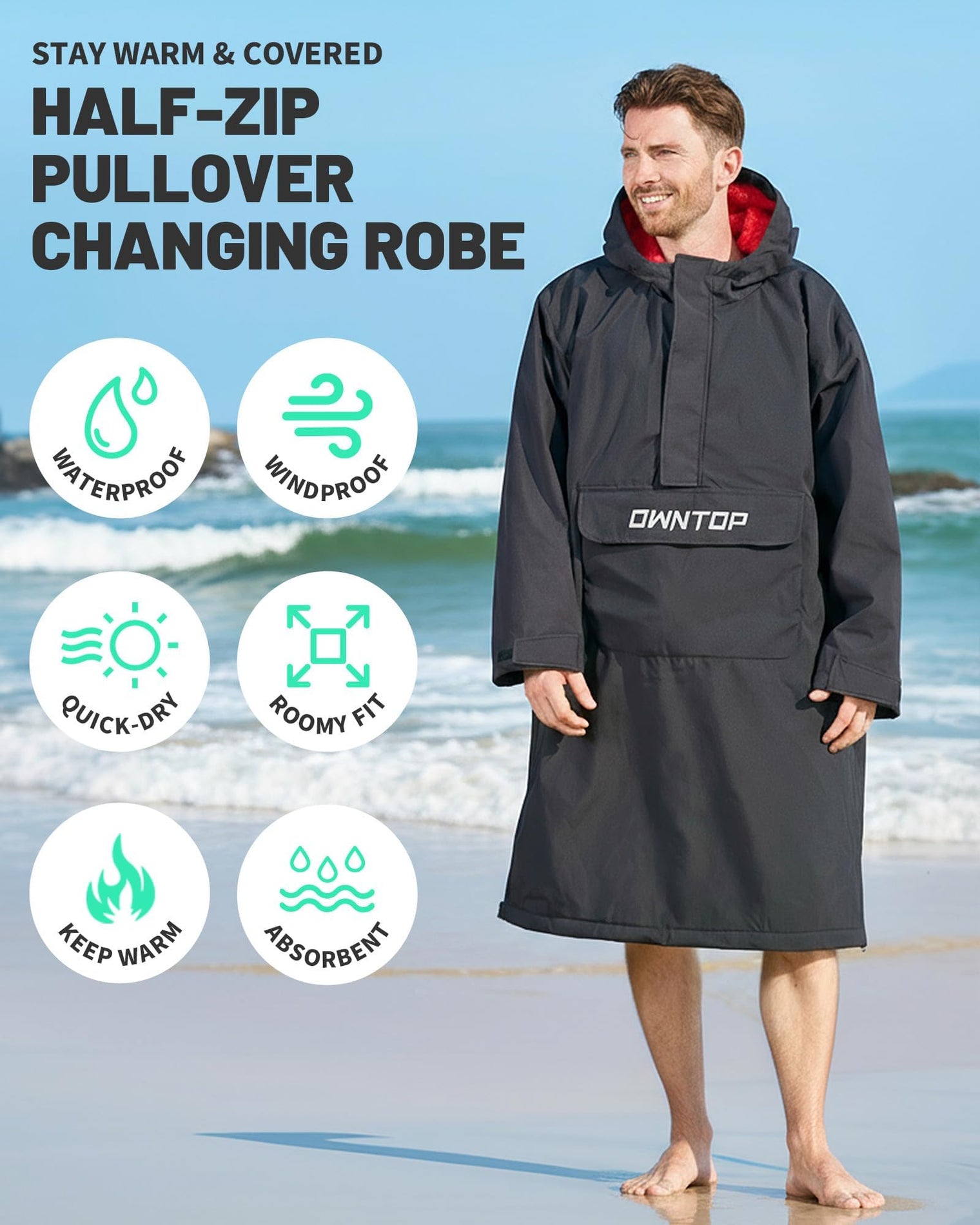 Owntop Waterproof Surf Poncho - Fleece Lined Changing Robe with Front Pocket