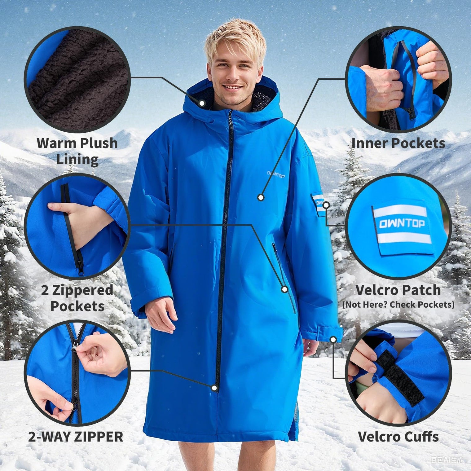 Owntop Waterproof Surf Poncho - Sherpa Lined Changing Robe with Custom Patch
