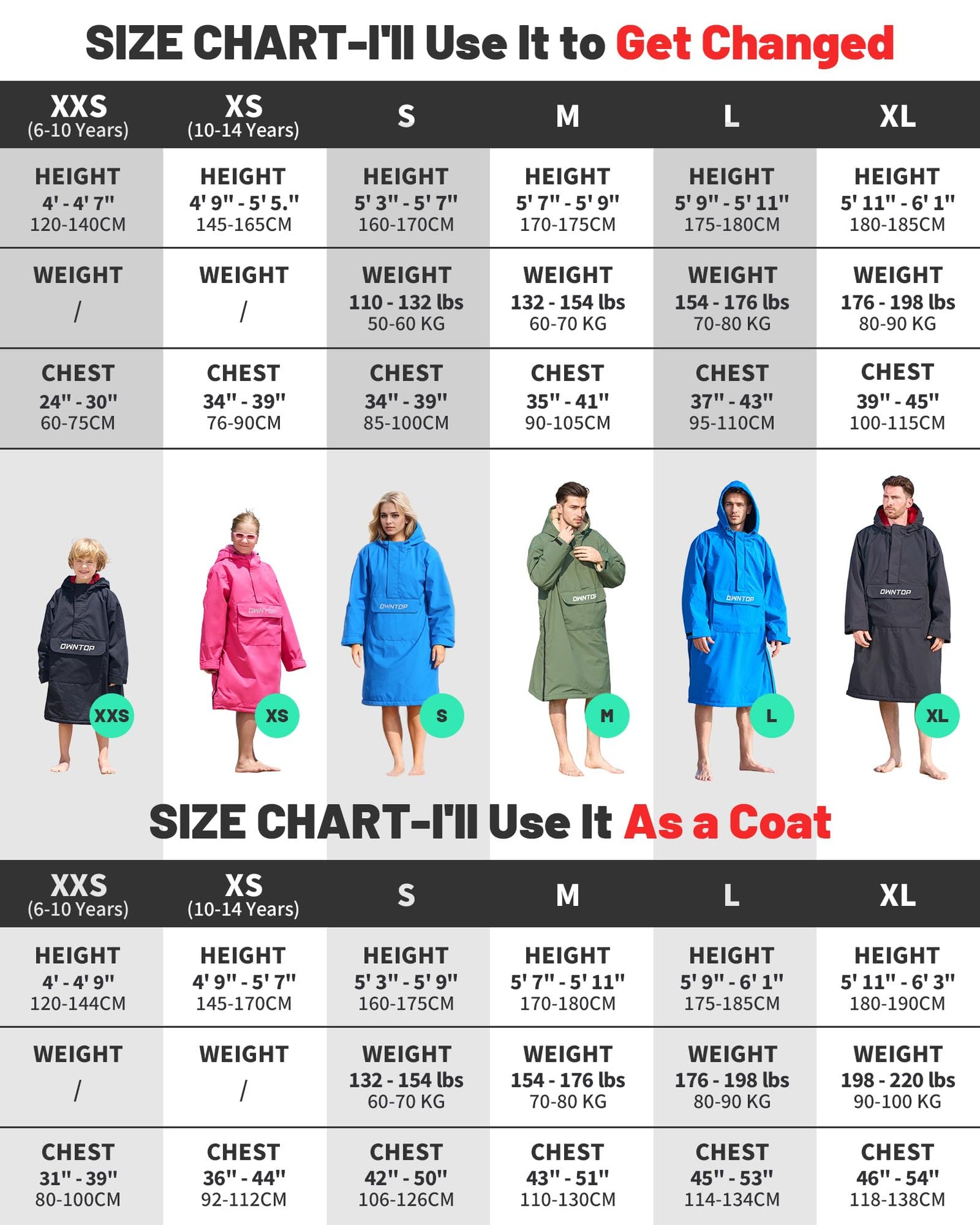 Owntop Waterproof Surf Poncho - Fleece Lined Changing Robe with Front Pocket