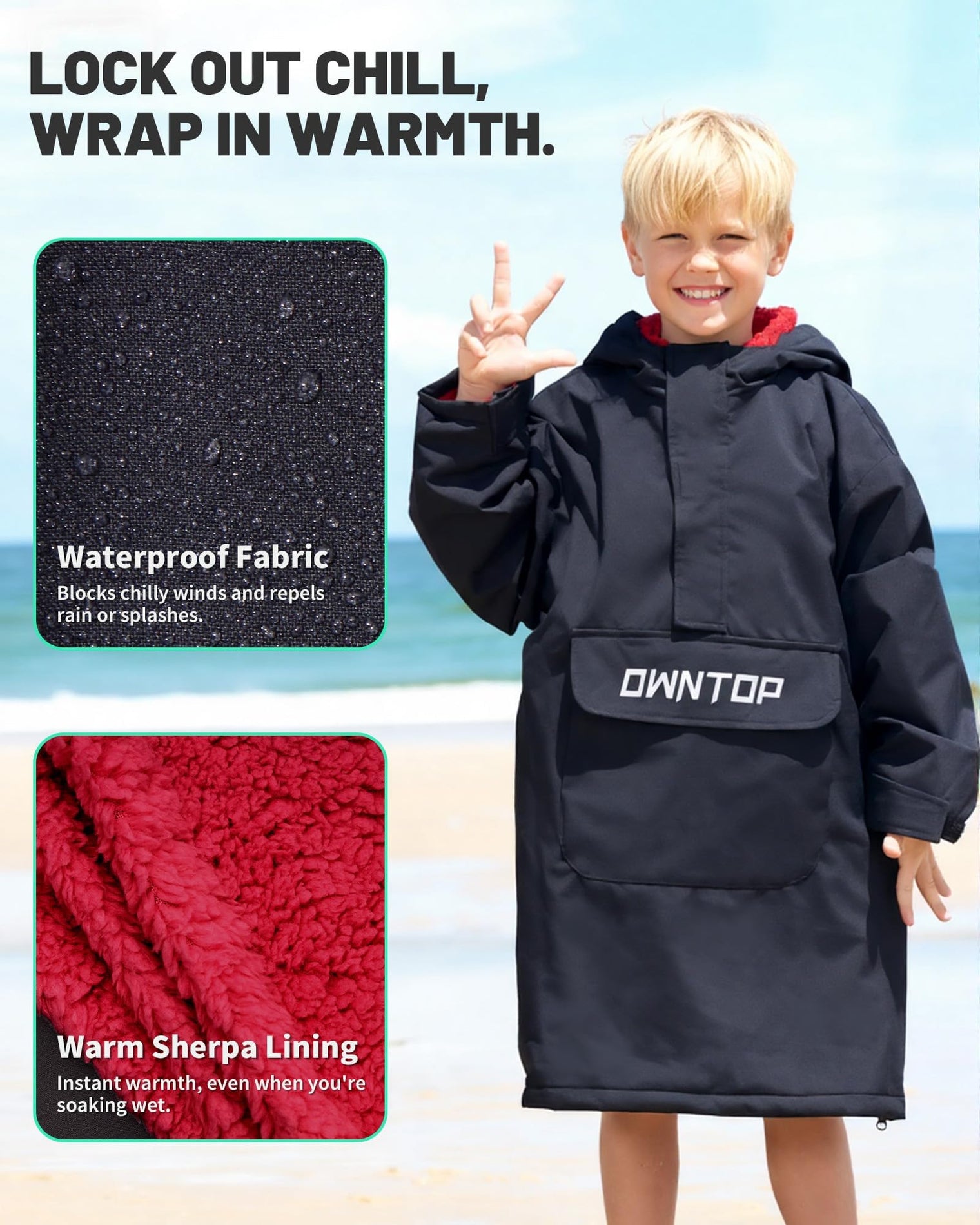 Owntop Waterproof Surf Poncho - Fleece Lined Changing Robe with Front Pocket