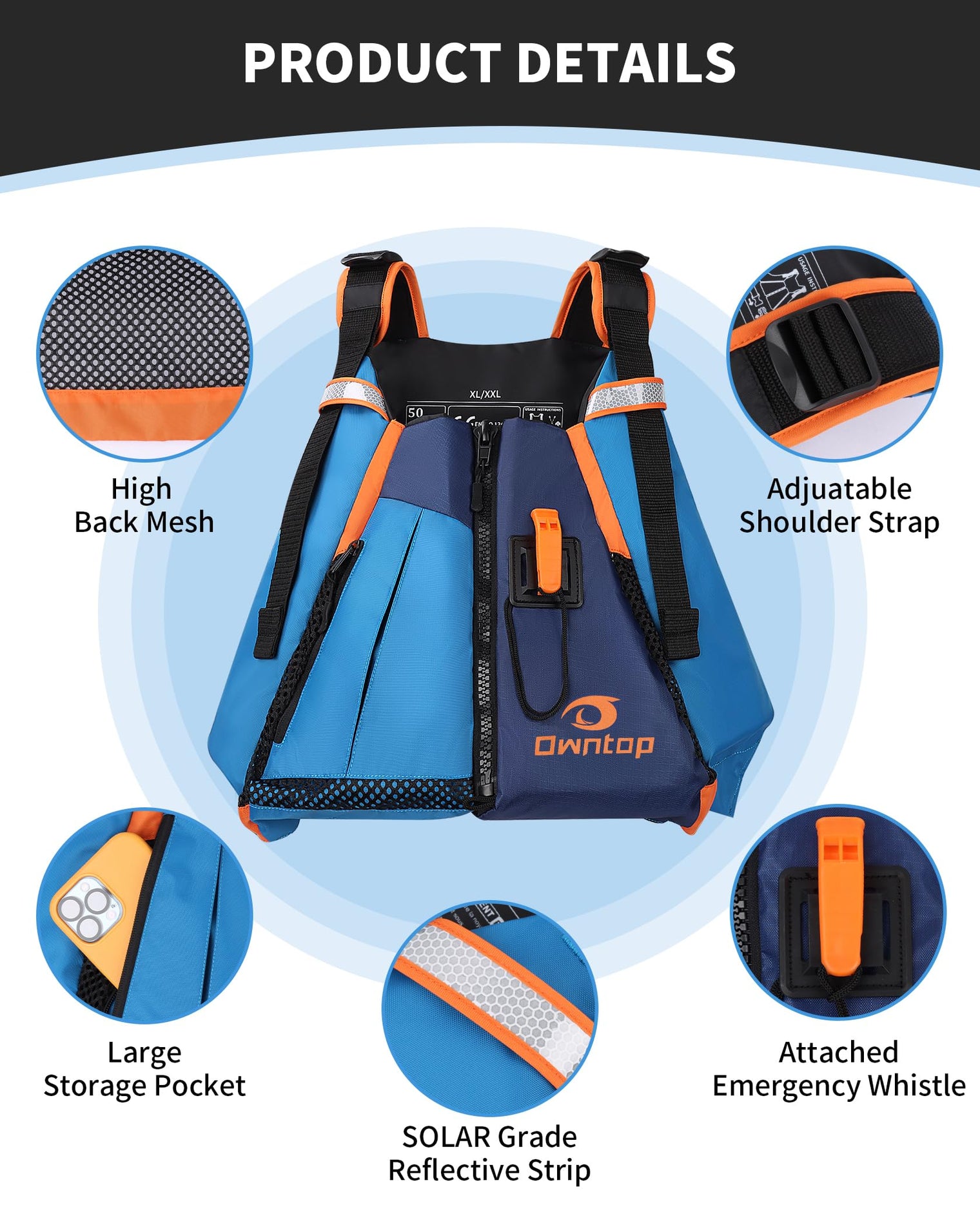 Owntop Adult Swim Vest - High-Back Kayak Design with Adjustable Fit