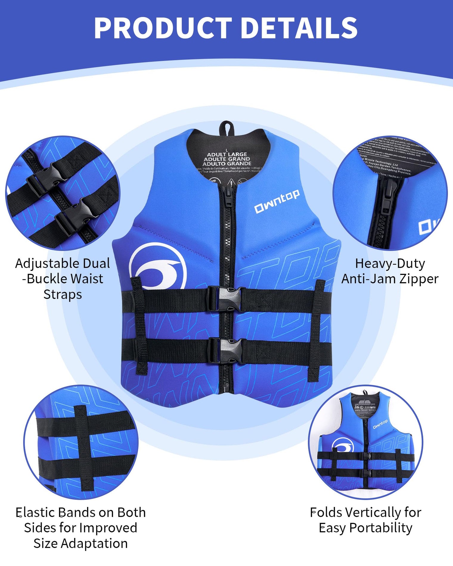 Owntop Neoprene Swim Vest - Adjustable Buoyancy Jacket for Water Sports