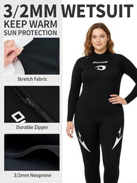 Owntop Plus Size Wetsuit for Women - 3/2mm Back Zip Thermal Diving Suit