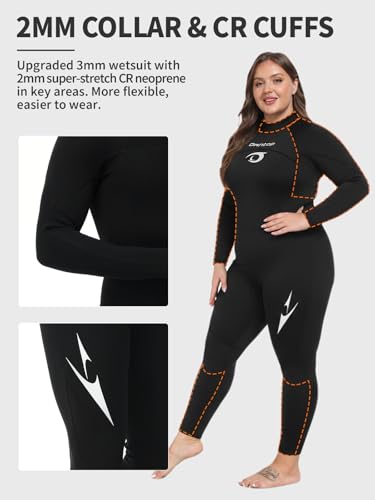 Owntop Plus Size Wetsuit for Women - 3/2mm Back Zip Thermal Diving Suit