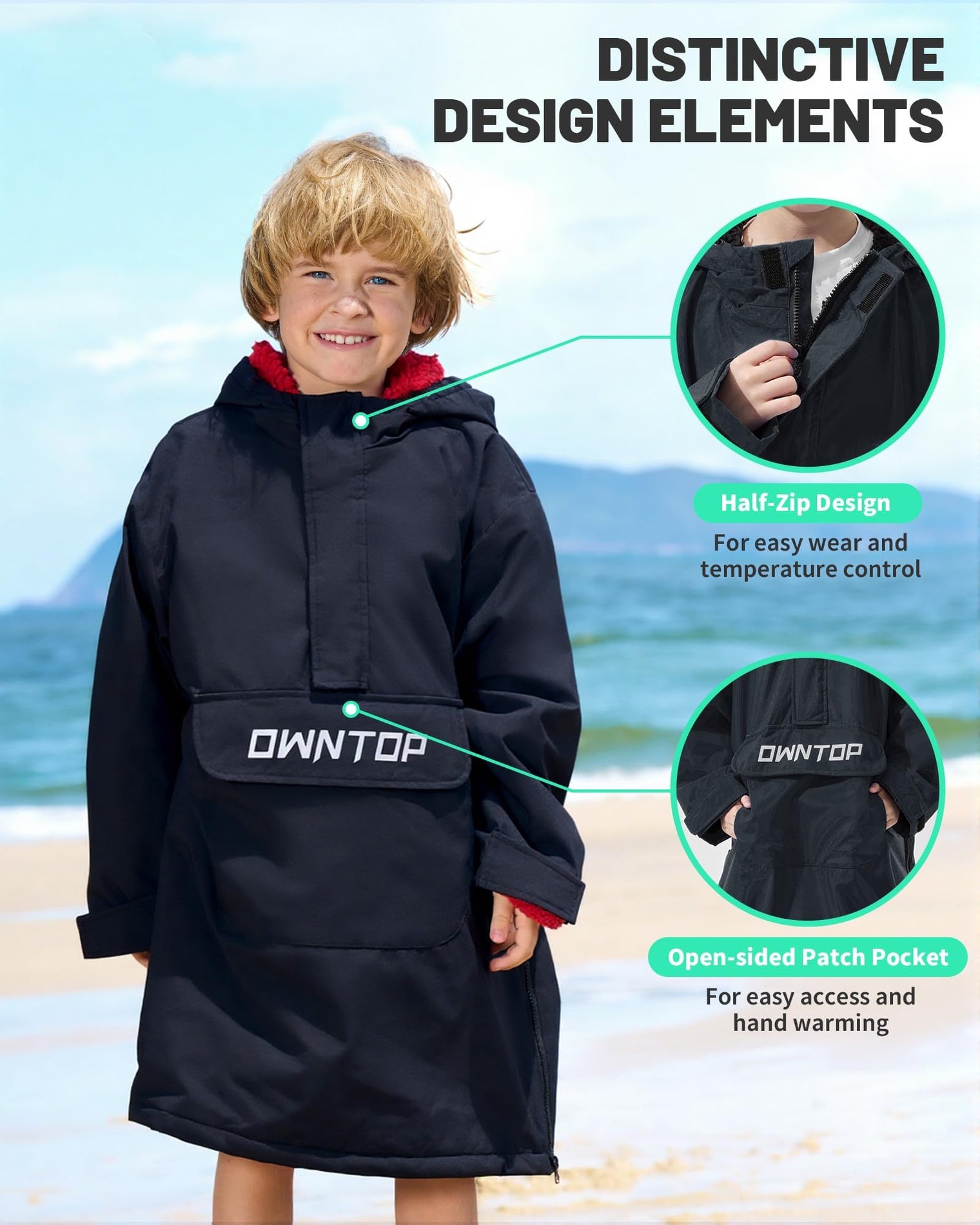 Owntop Waterproof Surf Poncho - Fleece Lined Changing Robe with Front Pocket