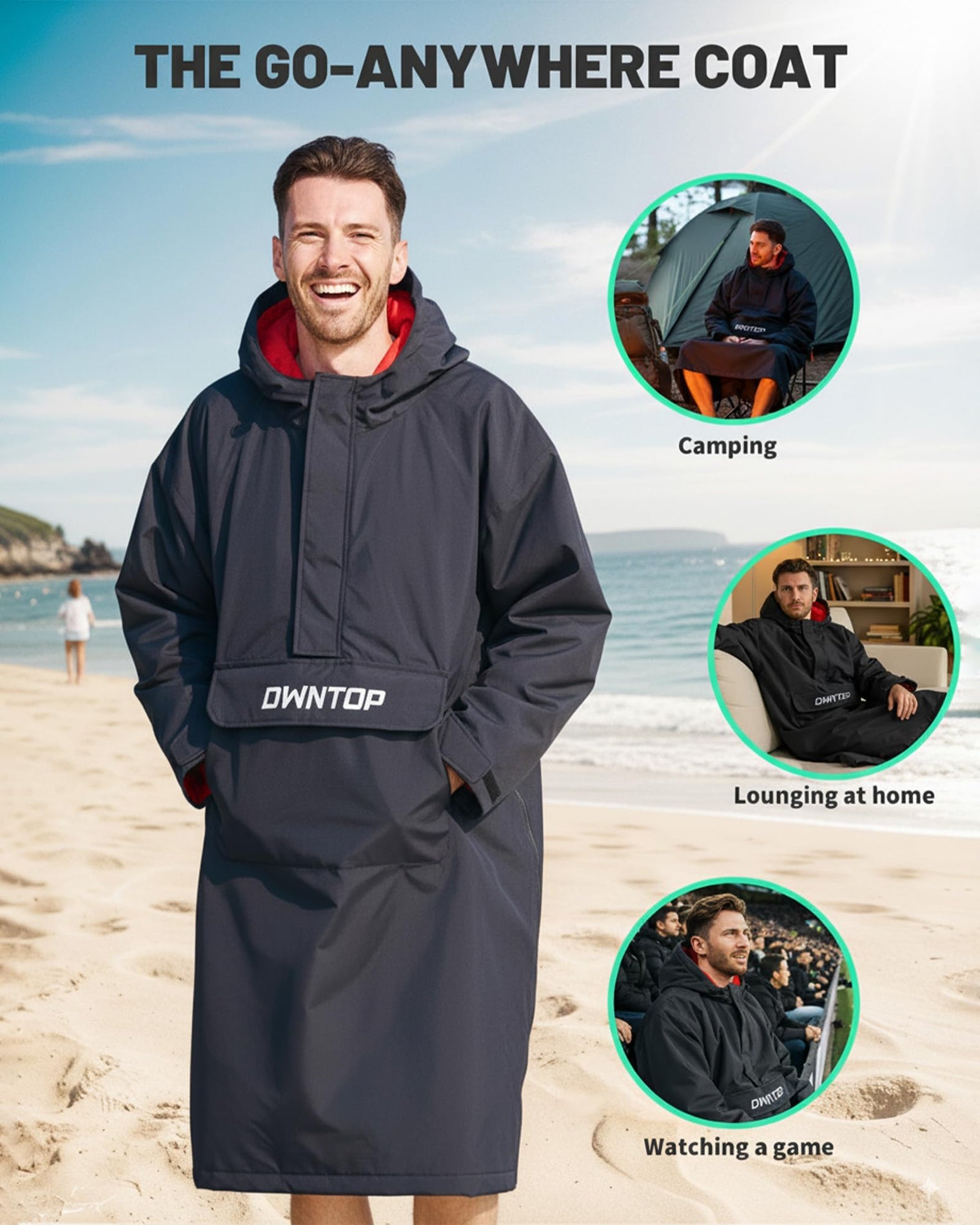 Owntop Waterproof Surf Poncho - Fleece Lined Changing Robe with Front Pocket