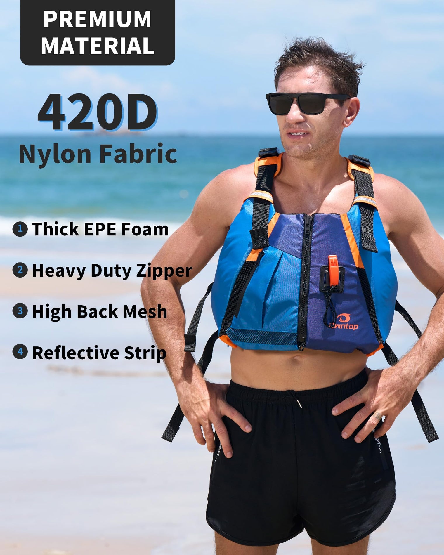 Owntop Adult Swim Vest - High-Back Kayak Design with Adjustable Fit