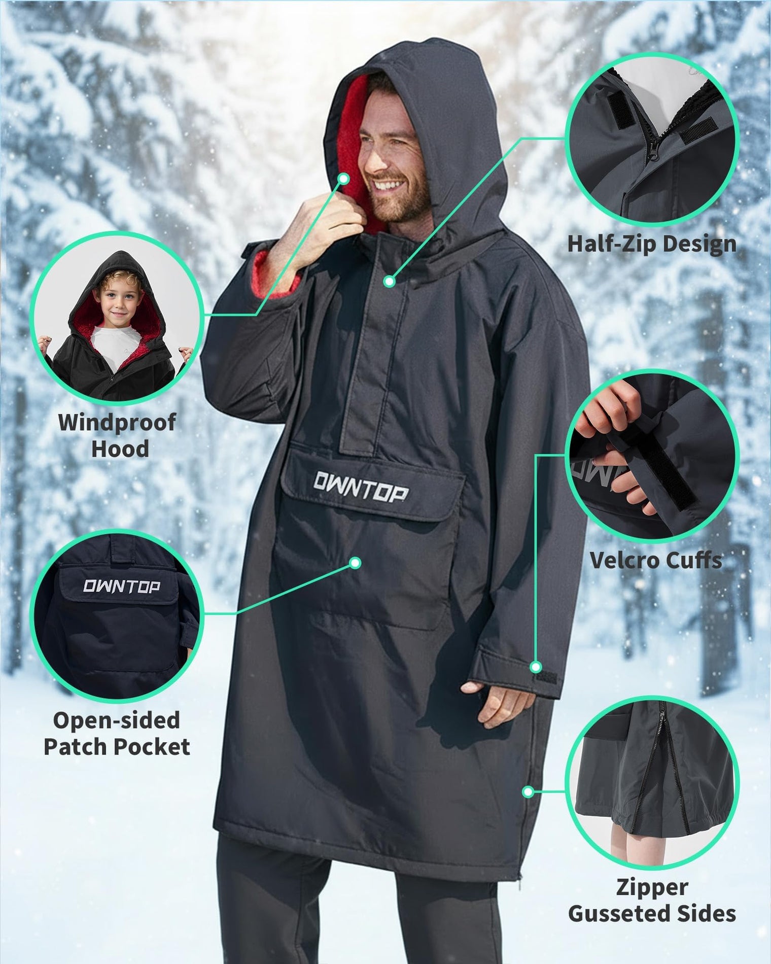 Owntop Waterproof Surf Poncho - Fleece Lined Changing Robe with Front Pocket